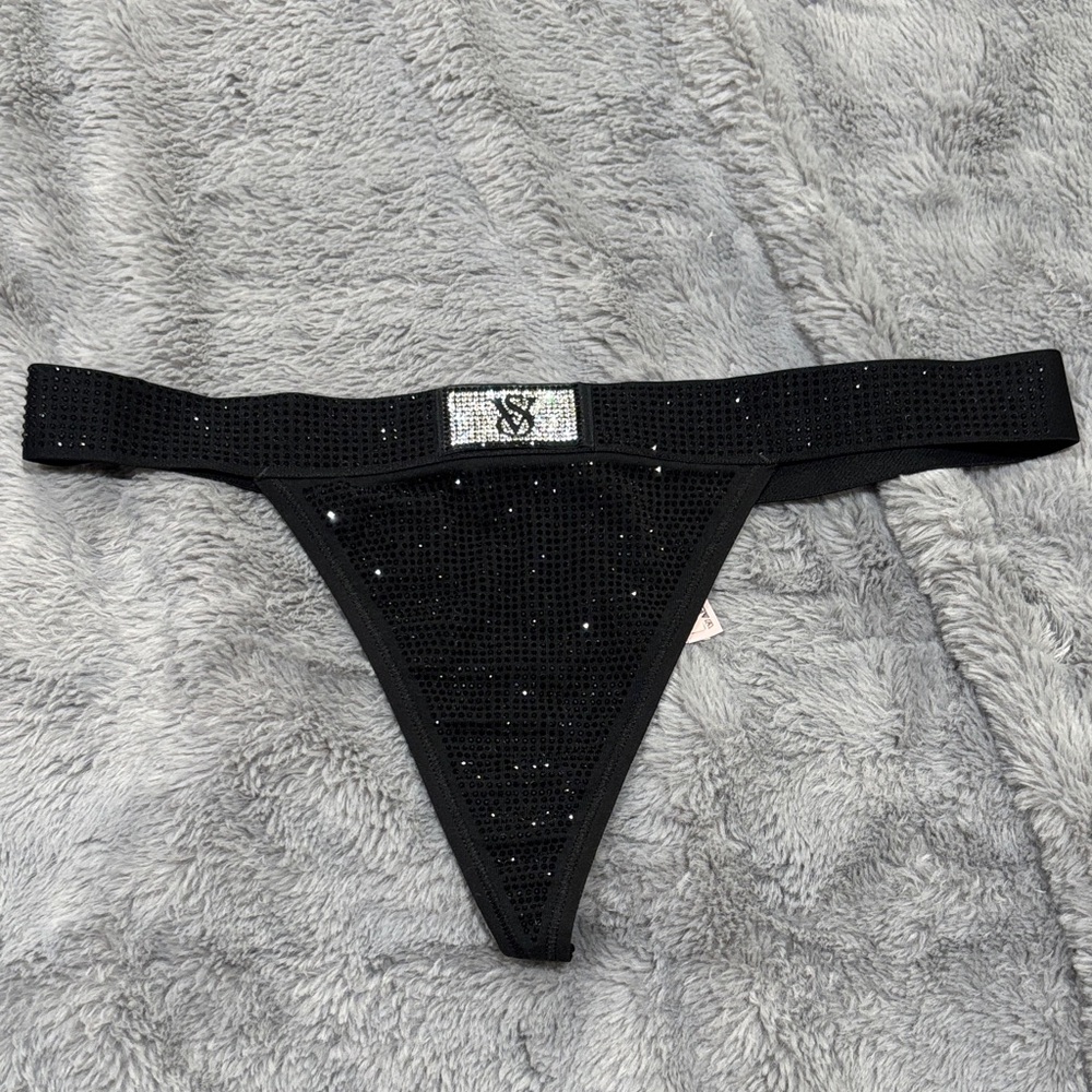 Victoria Secret Black Sparkly Thong with Logo Detail